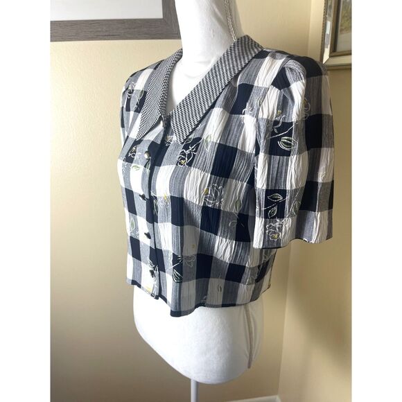 VTG Peri Petites Womens Gingham Check Floral Overlay Top Sz 12 Blouse Retro 80s - Picture 6 of 15
